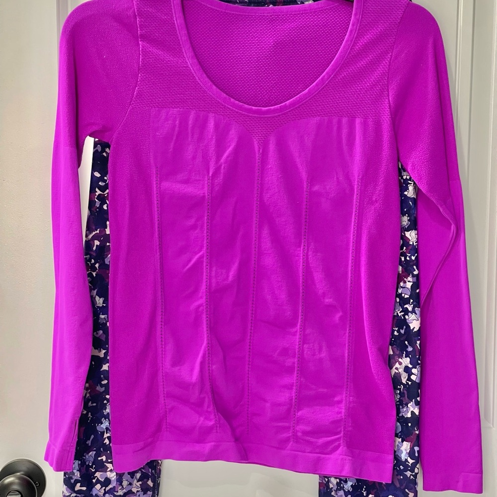 Fabletics Cropped Pants with Purple Workout Top
